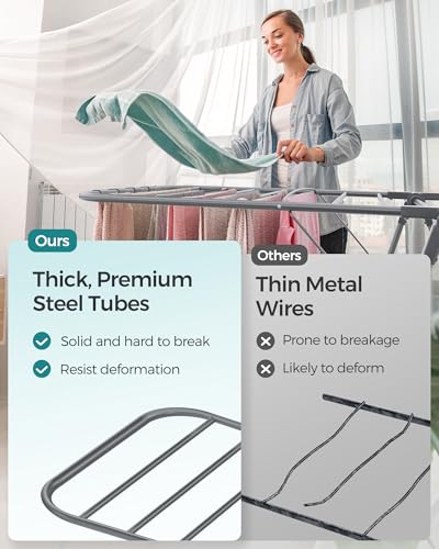 SONGMICS Clothes Drying Rack, Foldable 2-Level Laundry Drying Rack, Free-Standing Laundry Airer, with Height-Adjustable Wings, 33 Drying Rails, Sock Clips, Gray ULLR053G02V1