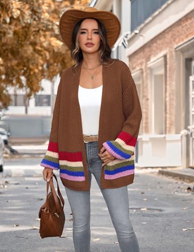 BB&KK Womens Long Cardigan Sweaters Striped Color Block 2025 Fall Long Lantern Sleeve Knit Open Front Sweater Outerwear4