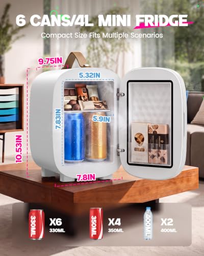 Image of FANSEXPERT Mini Fridge for Bedroom, 4 Liter /6 Cans Skin Care Fridge Small Refrigerator, AC /DC Portable Mini Cooler & Warmer, Small Cosmetic Fridge for Camping, Dorm, Office, Car (White)