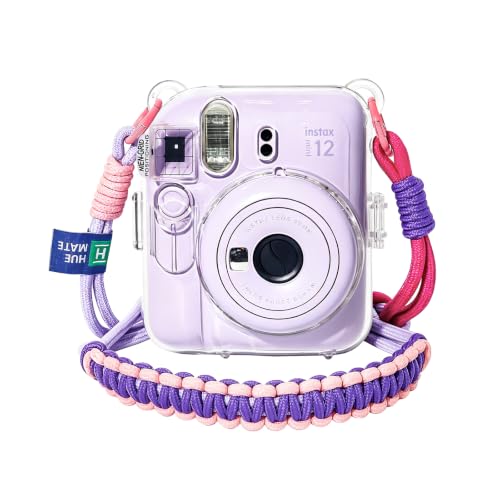 Huemate Clear Case for Fujifilm Instax Mini 12 Protective Cover with Anti-Accidental Shutter 4 Composition Cards Photo Storage Holds 10 Films Purple Adjustable Strap Clear Hard Shell No Camera
