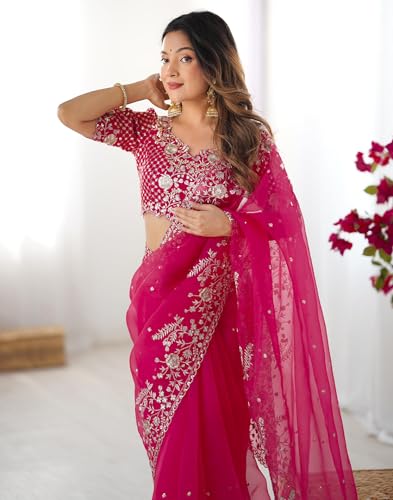 Image of SIRIL Women's Organza Sequence Embroidery Saree With Unstitched Blouse Piece