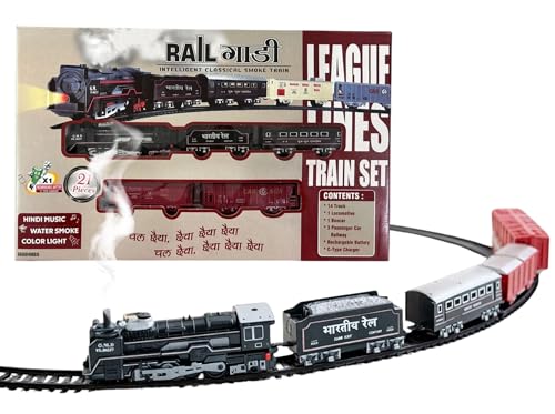 Image of Crackles Steam Engine Train Set for Kids - Light & Hindi Music Sound Classic Vintage Engine with Smoke Effect, Rechargeable Battery, Type-C Cable, Water Dropper & Tracks - Battery Operated Toy
