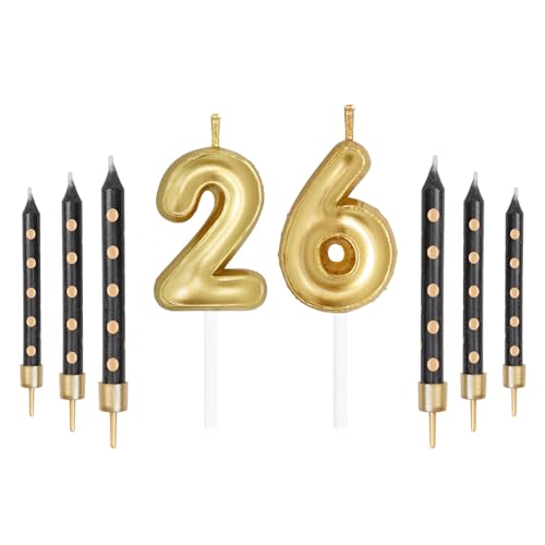 Juego de Velas de Números Dorados Con Puntos Negros para Pasteles de Cumpleaños 26/62 - Decoración de Fiesta para Niñas, Niños, Mujeres y Hombres