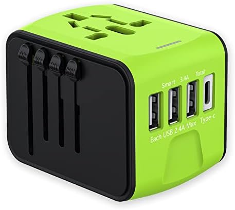 RXSQUL Universal International Power Travel Plug Adapter, 5 in 1 European Travel Plug Adapter W/ 2.4A 3xUSB-A 3.0A 1xUSB C Wall Charger and Worldwide AC Outlet for Europe USA UK AUS Asia-Green