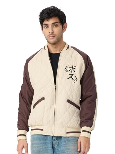 Image of The Souled Store Blaze Of Fury Men and Boys Long Sleeves Band Neck Zipper Front Beige and Brown Printed Polyester Oversized Puffer Jackets