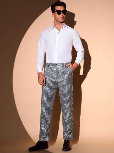 Lars Amadeus Sequin Pants for Men's Straight Leg Shiny Trousers 70s Disco Party Metallic Pants4