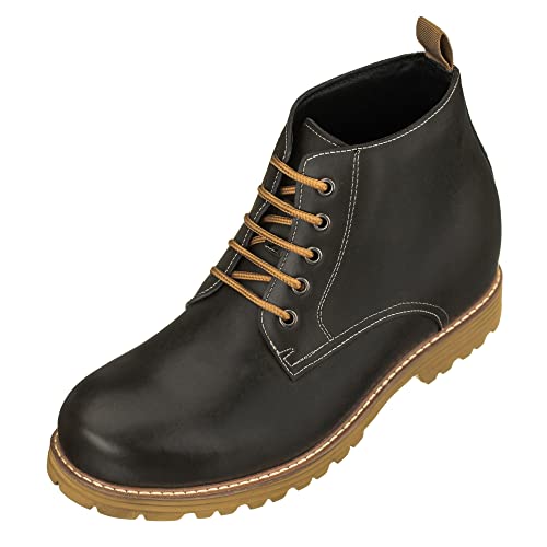 Image of CALTO Men's Invisible Height Increasing Elevator Shoes - Black Premium Leather Lace-up Round-toe Work Boots - 3.4 Inches Taller - S8750 - Size 8 D(M) US