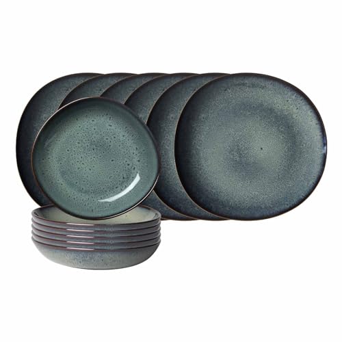 like. by Villeroy & Boch Lave Gris Tafel-Set 12-teilig, Tafelservice aus Speisetellern (28 cm) und Suppenschalen (21 cm) für 6 Personen, Steingut, Grau