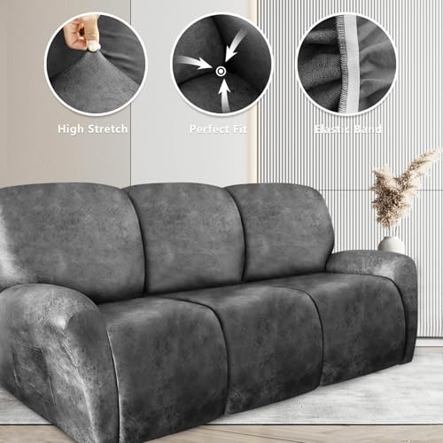 Image of ANARACHON Recliner Couch Cover Leather Look Recliner Sofa Covers for 3 Cushion Reclining Sofa Slipcovers 8-Pieces Furniture Protector Spandex Fabric Washable (3 Seater, 02 Light Grey)