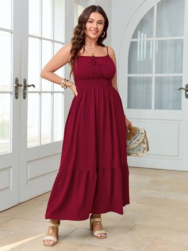 Image of SCOMCHIC Plus Size Summer Boho Dresses Spaghetti Strap Sleeveless Casual Sundress Smocked Flowy Slit Beach Maxi Dress