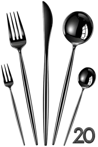 Image of Slim Handle Black 20 Pcs Stainless Steel Cutlery Set for Dining Table, Dishwasher Safe Glossy Flatware (4 Spoon Set+4 Forks Set+4 Butter Knife+4 Dessert Spoon+ 4 Fruit Fork)