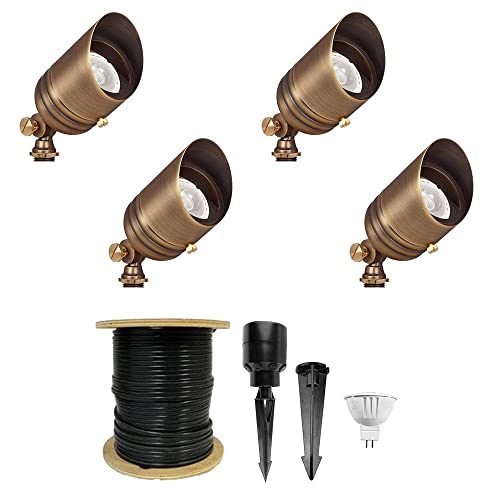 VOLT 12V Brass Fat Boy LED Outdoor Spotlight 4-Pack Expansion Kit (Bronze) for Low Voltage Landscape Lighting of Yard, Lawn, Garden, Patio, Trees & House