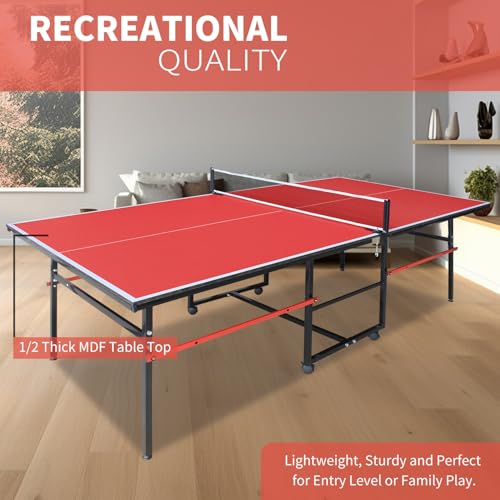 KEIKI Foldable 8FT Ping Pong Table Set, Portable Indoor Table Tennis Table with 0.5\" MDF Top, Quick Setup Ping Pong Table for Home, 2 Paddles & 3 Balls, Red