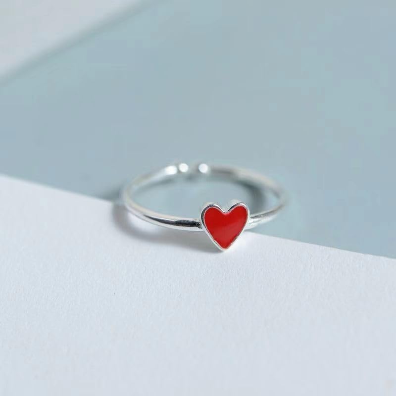 Cute Red Enamel Love Heart Open Statement Ring for Women Silver Dainty Sweet Minimalist Thin Tiny Adjustable Stacking Knuckle Finger Engagement Rings Jewelry for Daughter Her - Image 3