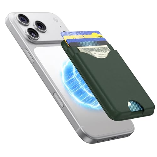 Image of Magnetic Wallet Green Vegan Leather Upgraded for MagSafe Wallet, 5 Card-Holder, for iPhone, with Adjustable Stand, for iPhone 16 /15 /14 /13 /12 Series, Not for Mini, Ultra-Slim