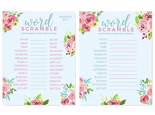 Andaz Press Pink Roses English Tea Party Tea Party Baby Shower Collection, Word Scramble Game Cards, 20-Pack, Games Activities and Decorations