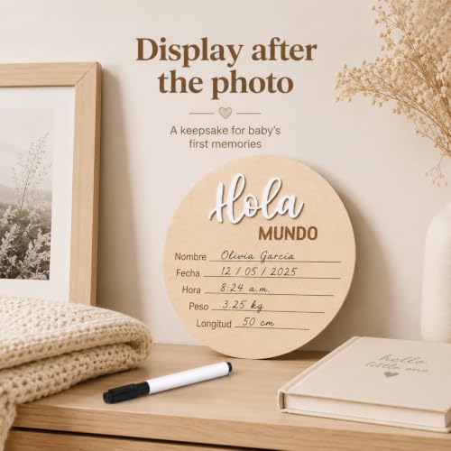 Image of Spanish Baby Birth Announcement Sign - Hola Mundo Wooden Newborn Board | Wooden Spanish Hola Mundo baby announcement disc with 3D letters and a marker to record newborn birth details.