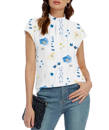 Image of Funlingo Womens Summer Tops Mock Neck Short Cap Sleeve Blouses Business Casual Work Chiffon Shirts Front Pleated Tunic Top