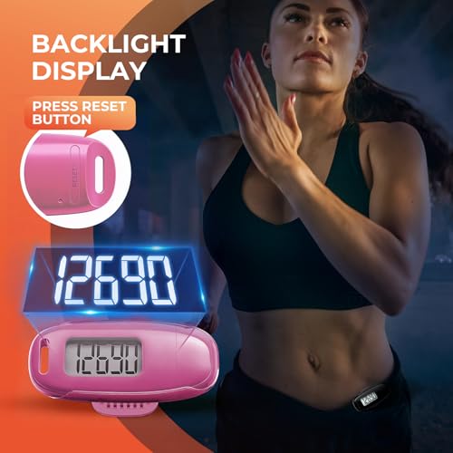 Image of 3D Pedometer for Walking, Simple Walking Step Counter with Removable Clip and Strap, USB Rechargeable Step Tracker with Backlight, Accurate Step Counter for Men Women Seniors - Pink