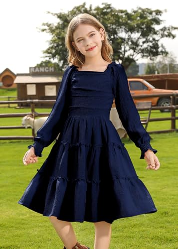 HOZIY Girls Long Sleeve Dress Ruched Smocked Tiered Ruffle A-Line Casual Boho Teen Dresses with Pocket Size 6-16 Years