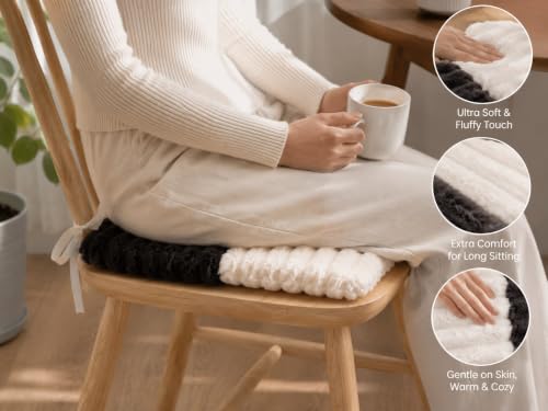 Image of Amazon Brand - Umi Black & White Checkerboard Faux Fur Chair Seat Cushions, 16x16 Inch Fluffy Dining Chair Pads with Ties, Foam-Filled Kitchen & Bar Stool Cushions, Set of 2