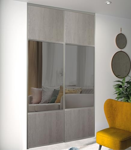 Kit de 2 portes de placard coulissantes pour une hauteur de 250 cm et une largeur totale de 120 cm, décor chêne cendré, partitionné miroir argent, profils...