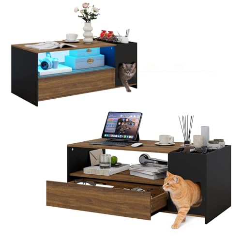 YU YUSING Table Basse Noyer avec Niche pour Chat, Éclairage RGB 16 Couleurs, Table de Salon LED en Bois, Grand Tiroir Rangement, Compartiments Amovibles,...
