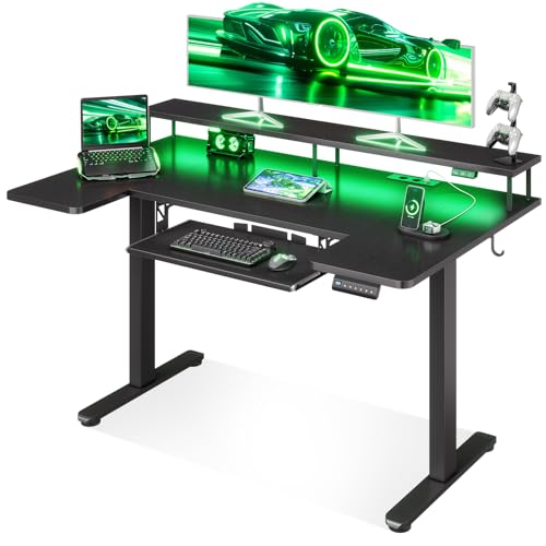 OffiGo U-förmiges Höhenverstellbarer Schreibtisch 120 cm Elektrischer Steh-Sitz Tisch mit Monitorständer Steckdosen & USB-Ladeanschluss Standing Desk mit LED Gaming & Office Computertisch Schwarz