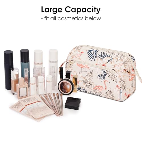 Narwey Large Makeup Bag Wide-open Zipper Pouch Travel Wash Bag Toiletry Bag Cosmetic Organizer for Women (Beige Flamingo) - Image 3