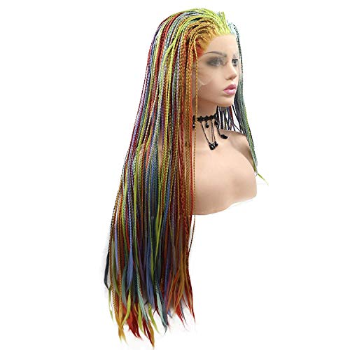 Angle Lucky Rainbow Micro Braided Wigs For Black Women Synthetic Handmade Colorful Lace Front Wig Blue Yellow Blue Red Purple Green Orange Wigs Heat Resistant Pre Plucked Box Braided For Drag Queen Makeup Party #TOP3