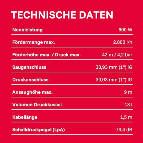 T.I.P. Hauswasserwerk Guss 2800 l/h Fördemenge 42 m Höhe 600 W 18 l Druckkessel Robuste und Laufruhige Pumpe für Bewässerung und Druckerhöhung, HWW 900/25, 31300