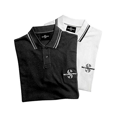 Polo SCUBAPRO blanco y negro con cuello elastico y tejido antiarrugas