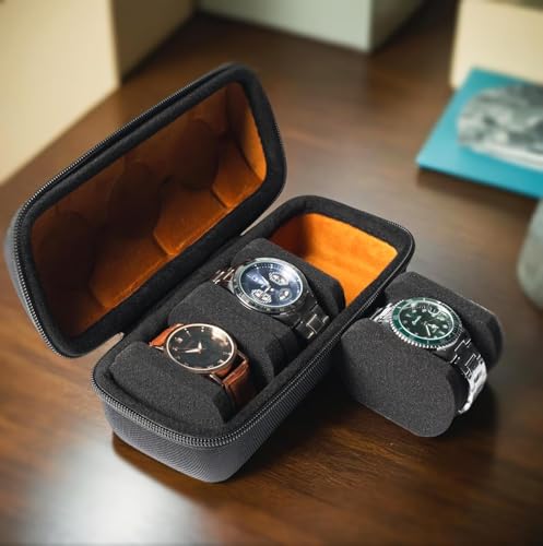 Image of Travel Watch Case Organizer Watch Box With Zipper Heavy Duty Portable Travel Friendly Case Fits all Wristwatches & Smart Watches Up To 60MM Compatible for Apple Watch (Black,3 Slots)