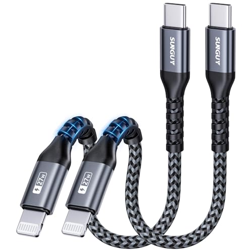 SUNGUY USB-C to Lightning Cable 0.5FT 2-Pack 27W Fast Charging Cable iPhone Charger Cord Compatible with iPhone 14 13 12 11 Pro Max Mini X XS XR 8 Plus 10 SE iPad 8th -Grey