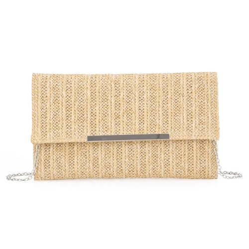 EVEOUT Bolso de Paja Mujer Boho-Chic Clutch de Boda Fiesta Paja Tejido para Vacaciones Playa 27 x 16 x 1 cm Color Natural