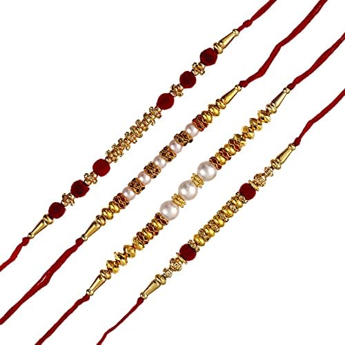 eCraftIndia Set of 4 Red, Golden & White Beads, Pearl, Diamond Designer Rakhis, Happy Rakhi Wooden Cutout with Roli Chawal Pack - Rakhi for Brother, Bhaiya, Bhai (B0D1CFLCWH) Amazon Price History, Amazon Price Tracker
