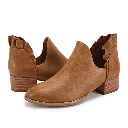 FISACE Womens Ruffled Ankle Boots V Cut Out Pointed Toe Chunky Low Heel Dressy Western Booties3