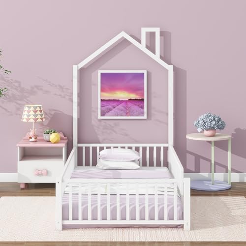 SOFTSEA Twin Size Floor Platform Bed with Guardrail, Metal House Shape Bed Frame with Chimney, No Noise, No Box Spring Needed,White