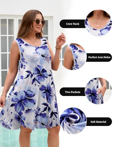 Image of JollieLovin Women Plus Size Curvy Summer Tank Sun Dresses Sleeveless Causal T-Shirt Dress Beach Swing Cover up(L-5X)