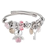 DS Charm Bracelets for girls,exquisite cute cartoon friendship bracelets Silver Stainless Steel Bangle with birthday Gift box, Adjustable girls jewelry Suitable for holiday gifts (Silver-pink Angel)