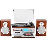 Record Player with Two Full-Range External Speakers 10 in 1 Vintage Turntable CD Cassette Tape Player AM FM Radio 3 Speed BT Input & Output LP Players Support USB SD AUX RCA Auto Stop Retro Red Brown