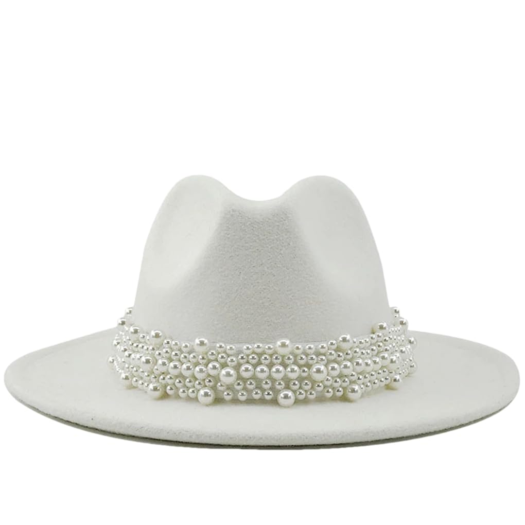 Wełniane Jazz Fedora Kapelusze Casual Mężczyźni Kobiety Skóra Perłowa Wstążka Filcowa Kapelusz Panama Trilby Formalna Czapka Imprezowa Biała 58-61 CM