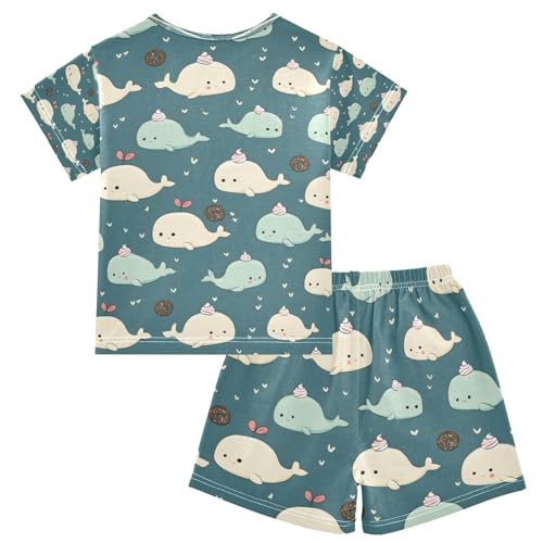 senya Blue Cute Whale Donut Summer Pajamas Set Short Cotton Sleepwear 2 Piece2