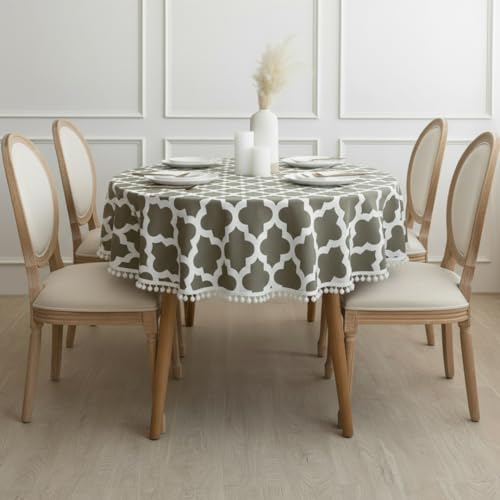 Image of HOMEMONDE Cotton Premium Dining Round Table Cover with White Border Pom-Pom, 45 x 45 Inches Geometric Printed Table Cloth 4 Seater, Round Table Cover - (114x114 CM, Grey)