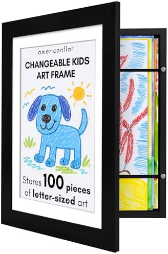 Americanflat Kids Artwork Frame Changeable (Black) - Magnetic Door Holds 100 Art Pieces - 8.5x11 Letter Size Display with Mat or 10x12.5 Without Mat - My Mini Masterpiece