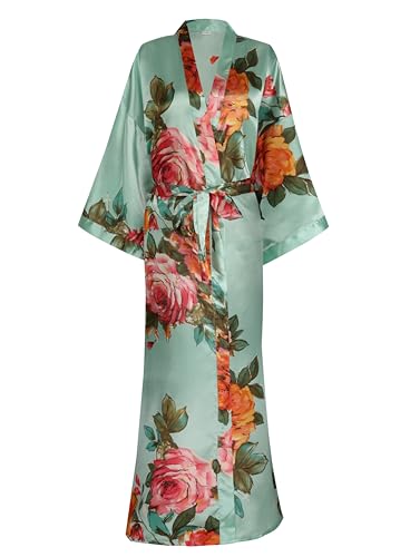 Image of Women Silk Kimono Robe Long Floral Bridesmaids Robes Satin | Wedding Party Bridal Getting Ready Robe Lightweight Dressing Gown Loungewear Sleepwear