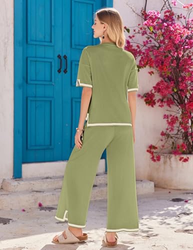 Image of Ekouaer Lounge Set for Women Travel Outfits 2 Piece Sets Short Sleeve Sweater Top Wide Leg Long Pants Loungewear Army Green L