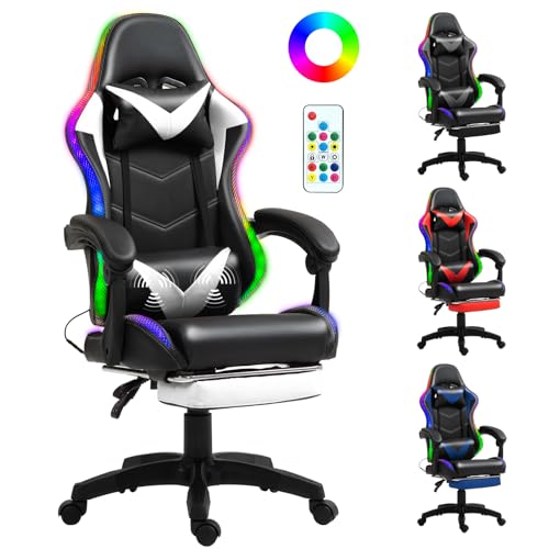RGB LED Lights Gaming Chair with Footrest for Adults and Kids, Lumbar Support Massager Video Game Chair, High Back Reclining Gamer Chair with Headrest, 360° Swivel Computer Chair (White)