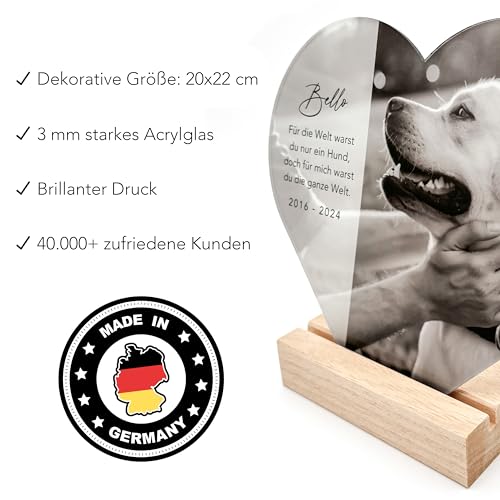 DEL MÀ Unique & Personal Andenken an verstorbenen Hund Bild Gedenktafel aus Acrylglas zur Erinnerung & Trauer personalisiert Glasherz mit Foto Geschenk für Hundebesitzer inkl. Holzfuß 20x22 cm (Herz)