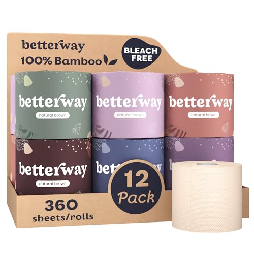 Betterway Unbleached Bamboo Toilet Paper Rolls - Eco-Friendly 3 Ply Toilet Tissue - 12 Long-Lasting Rolls - 360 Sheets/Roll - Organic, FSC Certified, Septic Safe TP - Lint-Free, PFAS-Free Bath Tissue